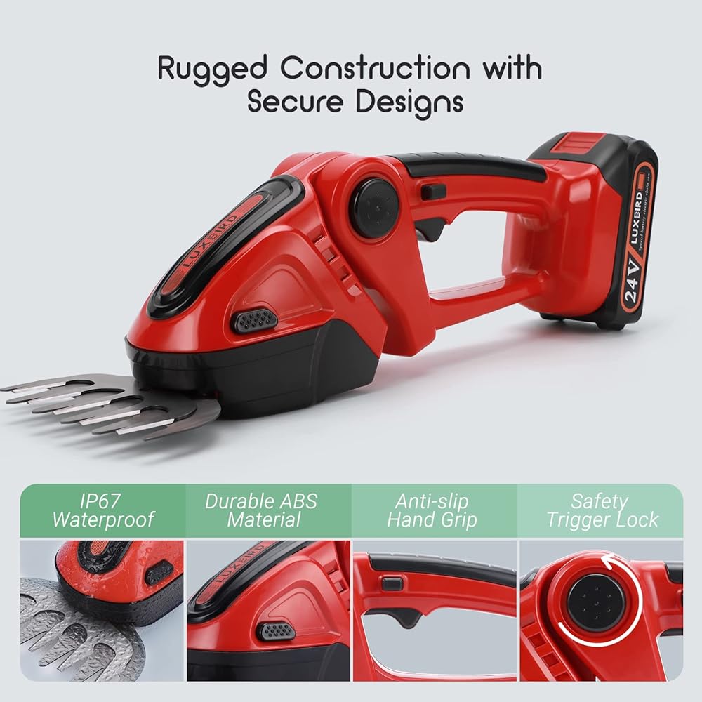 LUXBIRD Taille-haie 21V, cisaille à Gazon électrique sans Fil 2 en 1, Coupe-Herbe à Main IP67 étanche, avec 2 Lames remplaçables et 2 Piles Rechargeables Rouge : Jardin