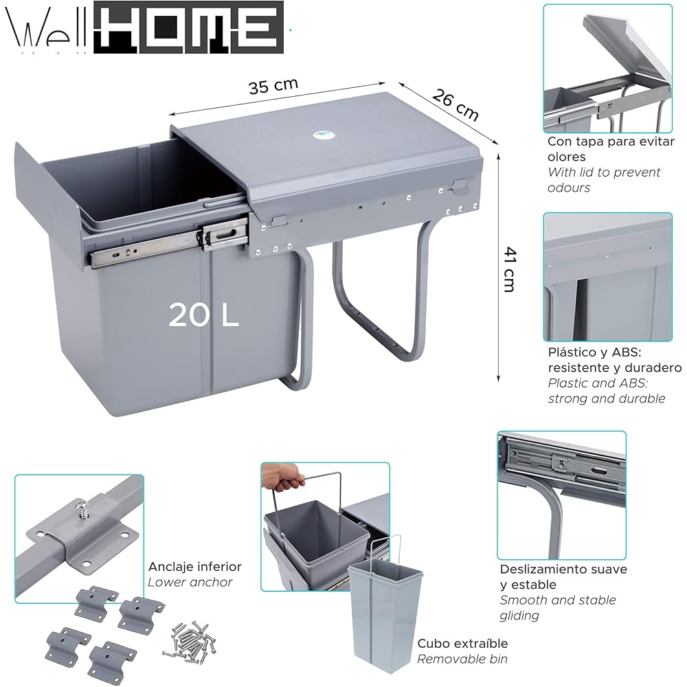 Poubelle de recyclage pour meuble de cuisine, poubelle sous évier 20 L, fixation inférieure et retrait manuel, poubelle amovible, avec couvercle : Cuisine et Maison