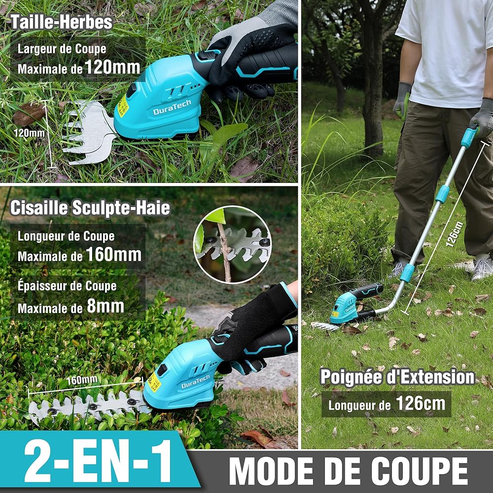 DURATECH Cisaille Sculpte-Haie Électrique et Taille-Herbes Téléscopique sans Fil 12V, Cisaille à Gazon 2 en 1, Largeur/Longueur de Coupe 12/16 cm, Batterie 2000mAh, pour Coupe, Élagage, Bleu & Noir : Jardin