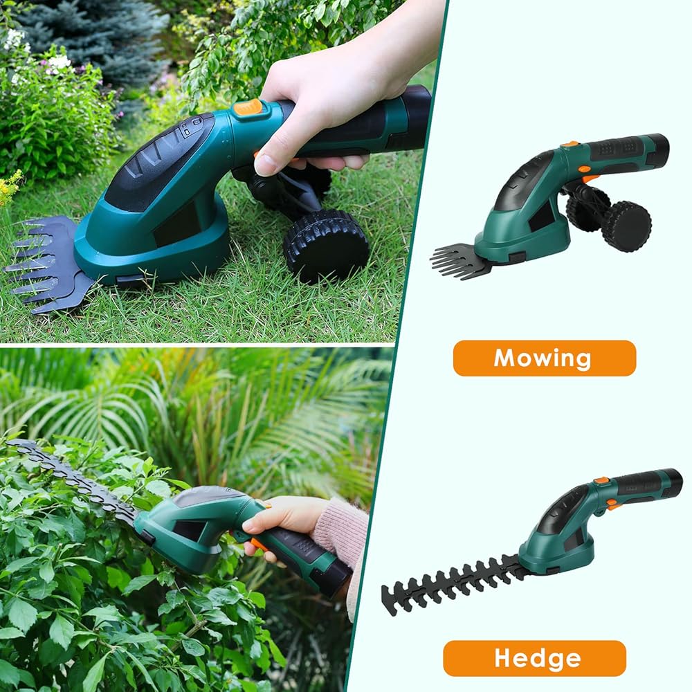 2en1 Cisaille à Gazon 7.2V, Coupe Bordure sans Fil, Tondeuse à Gazon, Taille Haies sans Fil, Manche Long Télescopique Détachable, 2 Types de Lames, Chargeur & Batterie, pour Couper Gazon/Buisson/Haie : Jardin