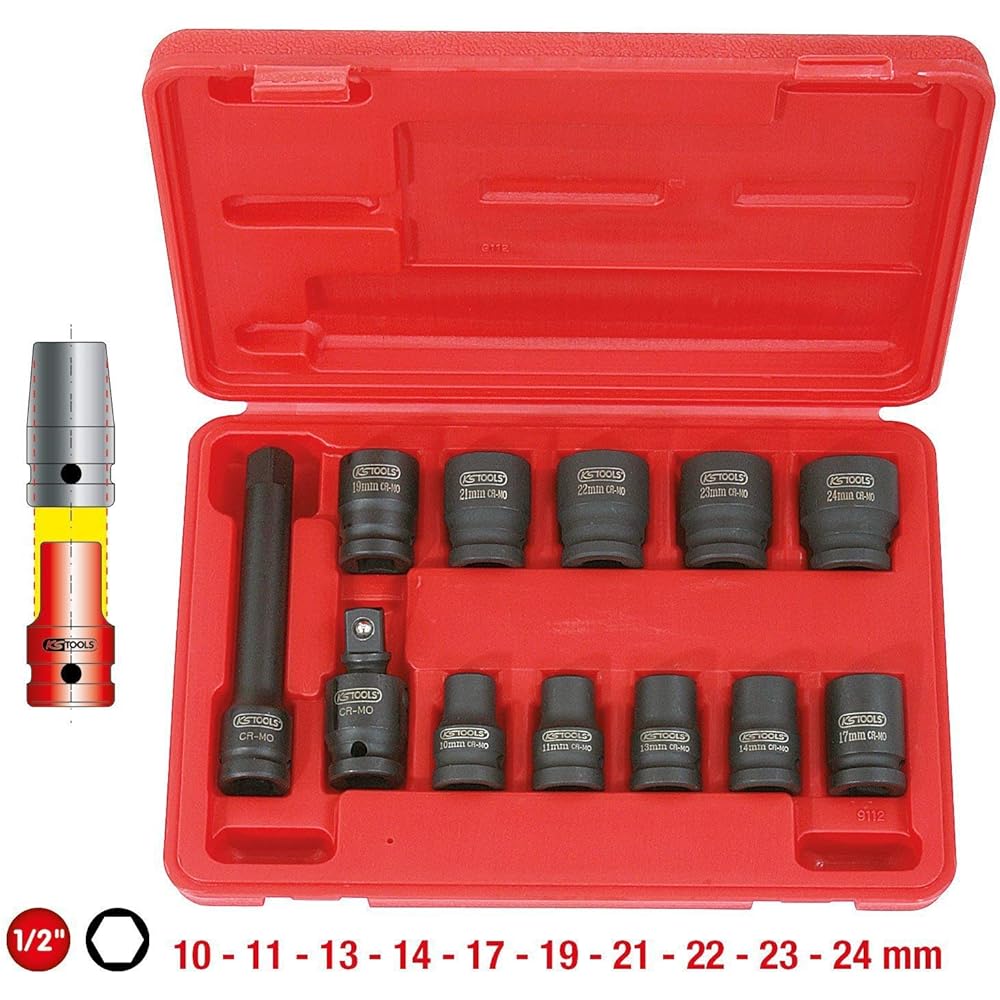 KS Tools 515.0112 - Coffret de Douilles à Choc 6 Pans 1/2' - Caisse à Outil en Compacte - Outillage Mécanique Avec Clé à Cliquet, 10 Douilles, Cardan, Rallonge - 12 Pièces : Bricolage