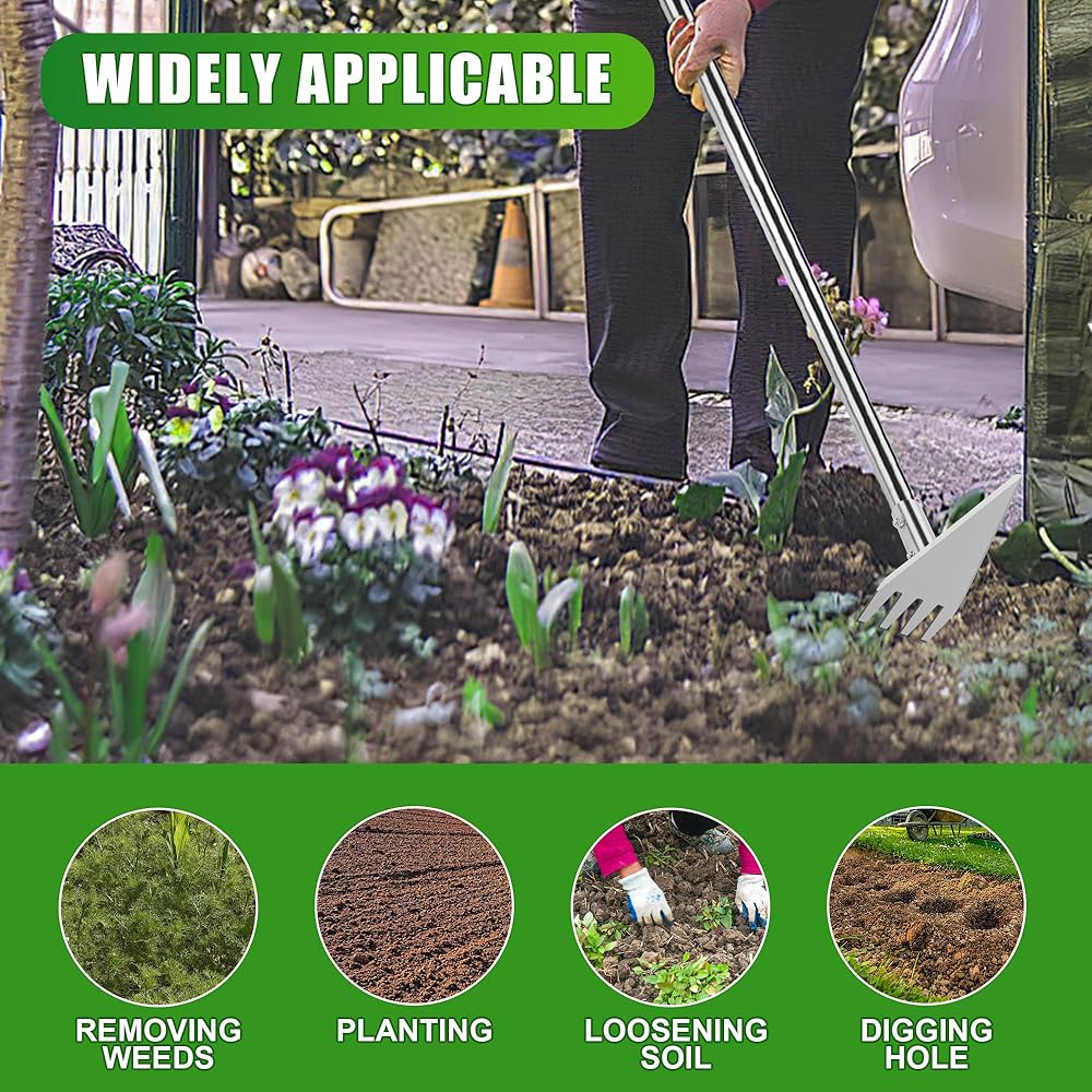 BARAYSTUS Binette à double tête - 74,9 - 146,6 cm - Manche long réglable - Outil de jardinage en acier inoxydable - Pour jardinage, plantation, désherbage, creusage, ameublissement du sol : Jardin