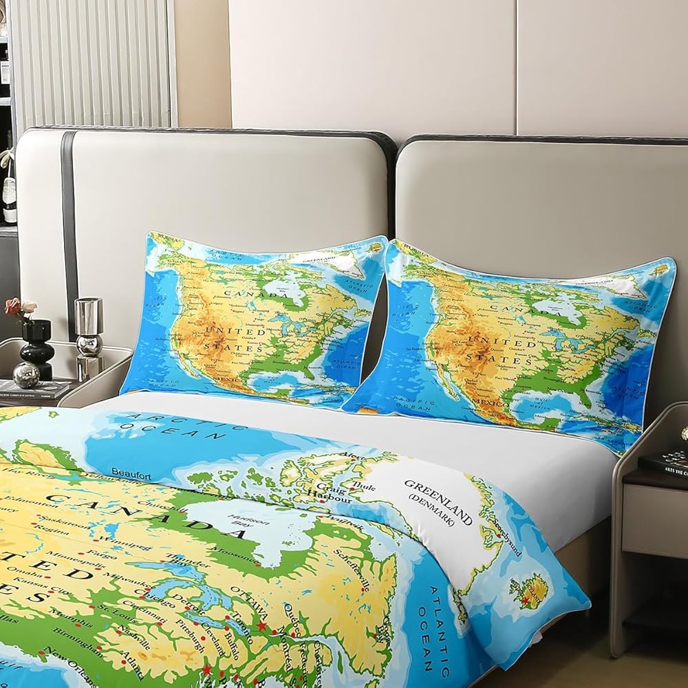 Homemissing Carte du Monde 100% Coton Housse de Couette 220x240cm Monde illuminé Coton Suite Coton Chambre à Coucher Voiture réversible Continental National Marine Literie Set topographie : Cuisine et Maison