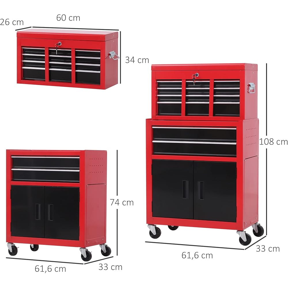 HOMCOM Servante d'atelier servante/Caisse à Outil 6 tiroir +1 Commode Coffre Amovible Chariot Acier Rouge et Noir : Bricolage