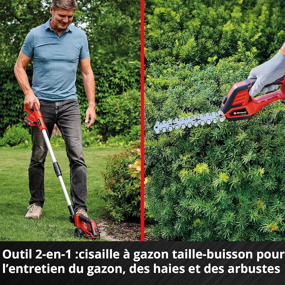 Einhell Cisaille à gazon taille-buissons sans fil GE-CG 18/100 Li T Kit Power X-Change (18 V, manche télescopique, acc. coupe-herbe 100 mm, acc. taille-buissons 200 mm, avec batterie 2,5 Ah +chargeur) : Jardin