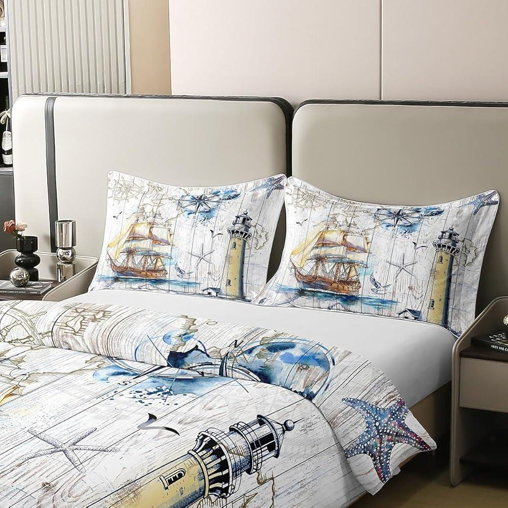 Homemissing Bateaux à Voile 100% Coton Enfants Ancre Parure de Lit 220x240cm Bois Compass Imprimer Housse de Couette Océan Voyage Aventure en mer Parure Housse de Couette : Cuisine et Maison
