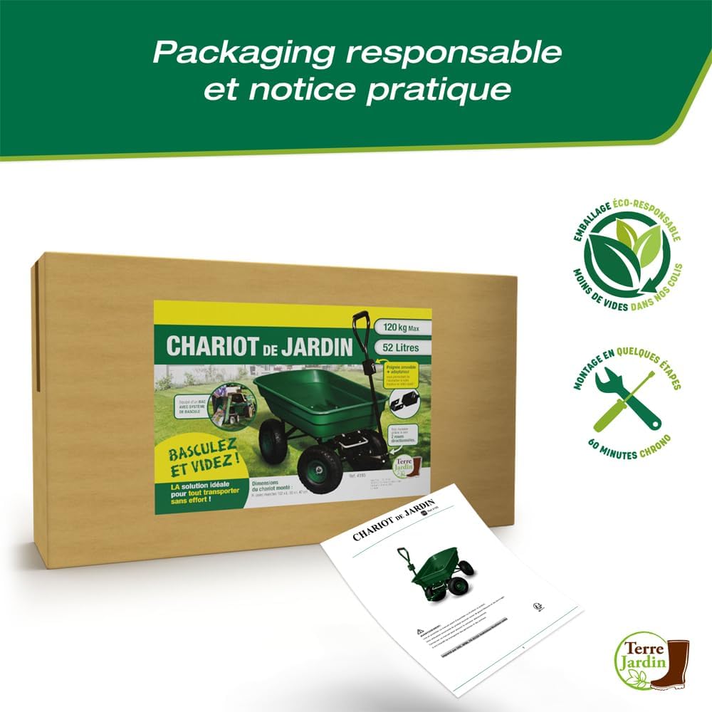 Chariot de jardin 4 roues 120 kg benne basculante 52 L avec fonction brouette et attelage pour tracteur tondeuse