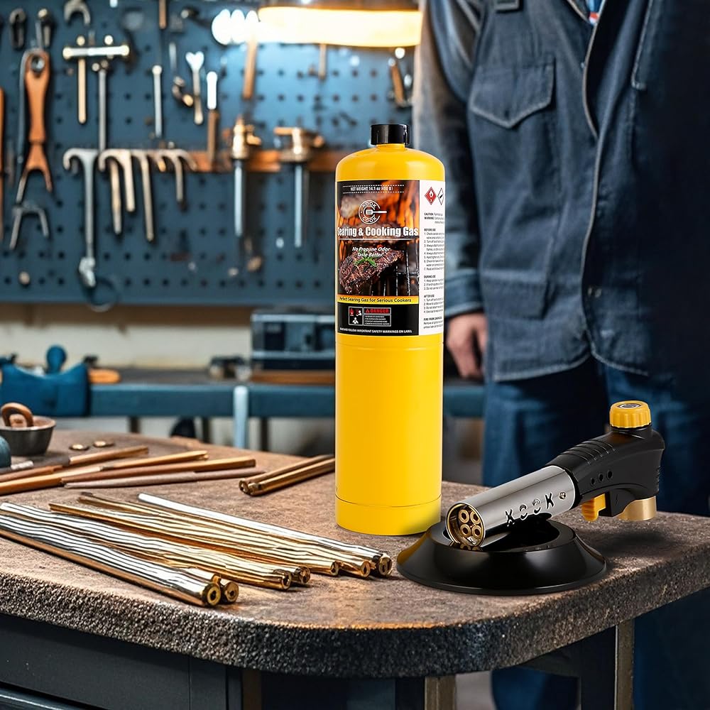 KOOKCOOK Tête de torche au propane, puissante tête de chalumeau à 4 flammes avec allumage, kit de pistolet à gaz MAPP MAP sur support de réservoir de propane de 0,5 kg pour souder, souder, braser, : Bricolage