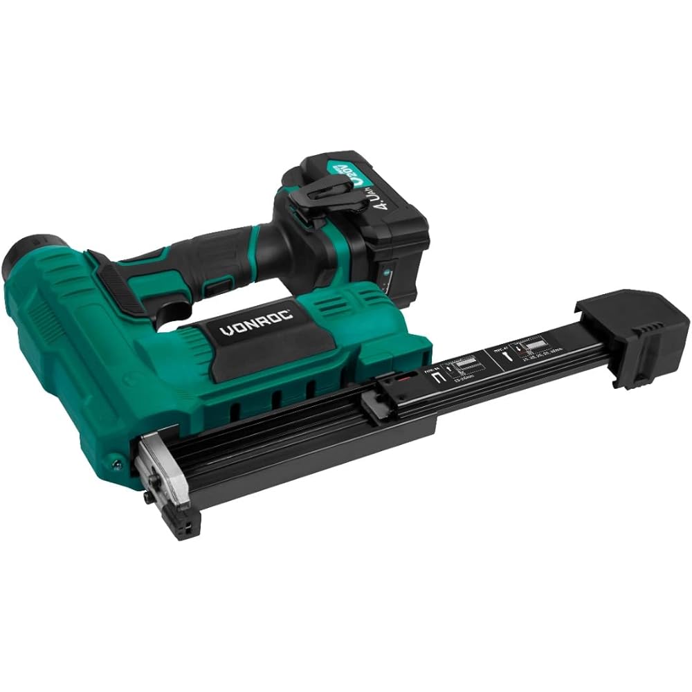 VONROC Agrafeuse Cloueuse Sans Fil 20V - Batterie 4.0Ah, 1000 Pièces d'Agrafes 20mm et 25mm, Chargeur Inclus - Taux Percussion 30 Clous/Agrafes par Minute - LED intégrée, Percussion Réglable : Bricolage