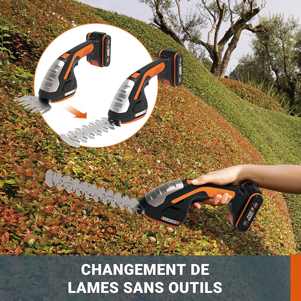 WORX Set Sculpte-Haies et Taille-Herbes sans Fil 20V WG801E.9 + kit Batterie 4Ah, Chargeur Rapide, sculpteur de végétaux, Lame 200 mm, Outil 3 en 1, livré avec Set de 3 Lames et malette de Transport : Jardin