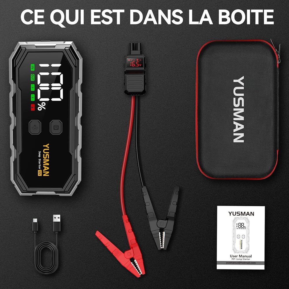 YUSMAN Booster Batterie Voiture 6000A, Démarreur Batterie Voiture Portable (Jusqu'à All GAS/10L Diesel),12V Jump Starter avec Pinces de Sûreté Intelligentes,QC3.0, Lampe à LED, Grand Écran LCD ﻿ : Auto et Moto