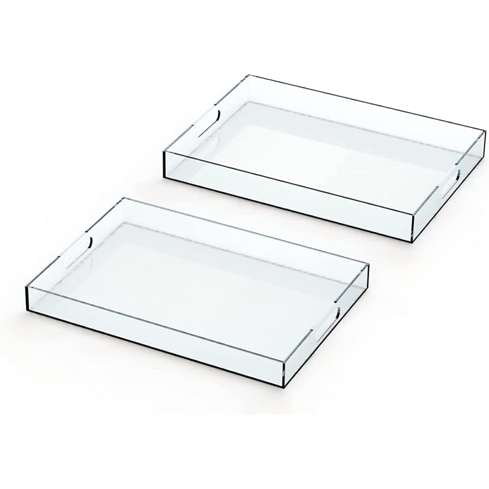 Plateau en Plastique Acrylique avec Poignées - Grand Plateau Rectangulaire - Petit Déjeuner, Thé/Café, Aliments, Boissons - Lot de 2 : 42x30x5cm & 40x28x4,3cm (TRANSPARENT) : Cuisine et Maison