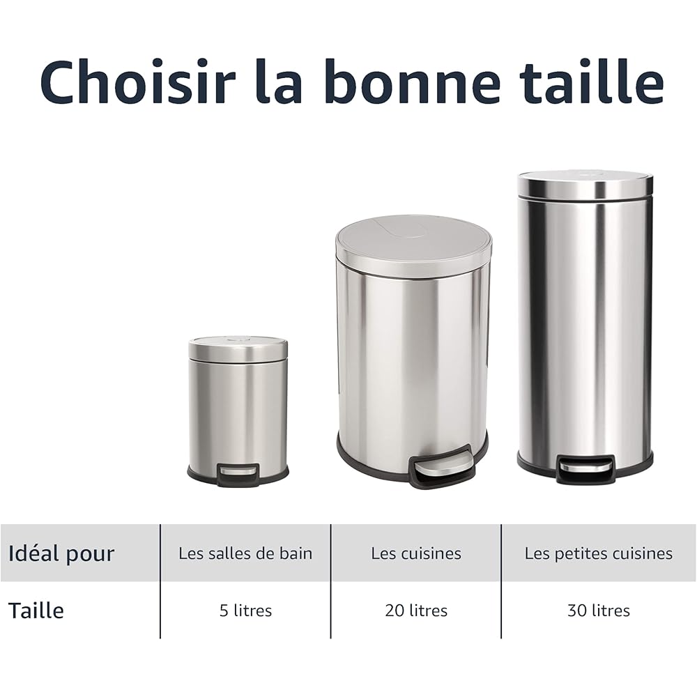 Amazon Basics Poubelle à fermeture amortie, Ronde, 30 l (7.9 Gallons), Argent : Cuisine et Maison
