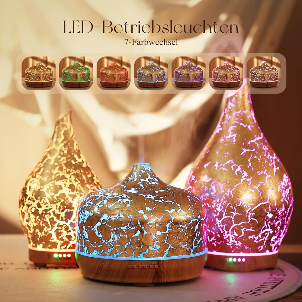 Porseme Verre diffuseur d'arômes 500ml, diffuseur pour huiles essentielles, Grand humidificateur, Brume fraîche ultrasonique, 7 changements de Couleur, Dure 15 à 21 Heures pour Appartement(Plaqué Or) : Hygiène et Santé