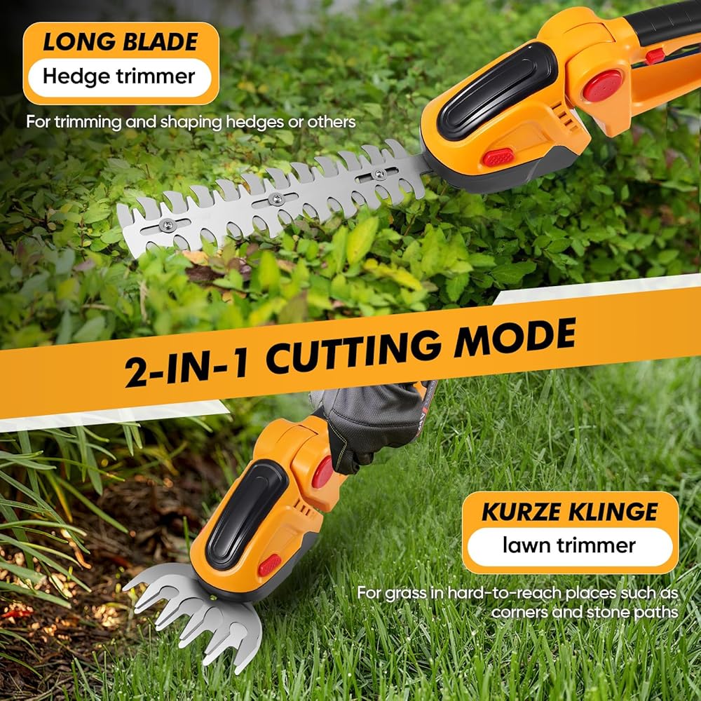 2 en 1 Taille Haie Batteri, 21V Taille-Herbes sans Fil avec 2 * 1.5Ah Batteries, Portée Jusqu'à 1.3 m, Cisaille Sculpte-Haie Electrique Rechargeable avec 2 Lames pour Coupe, Elagage : Jardin
