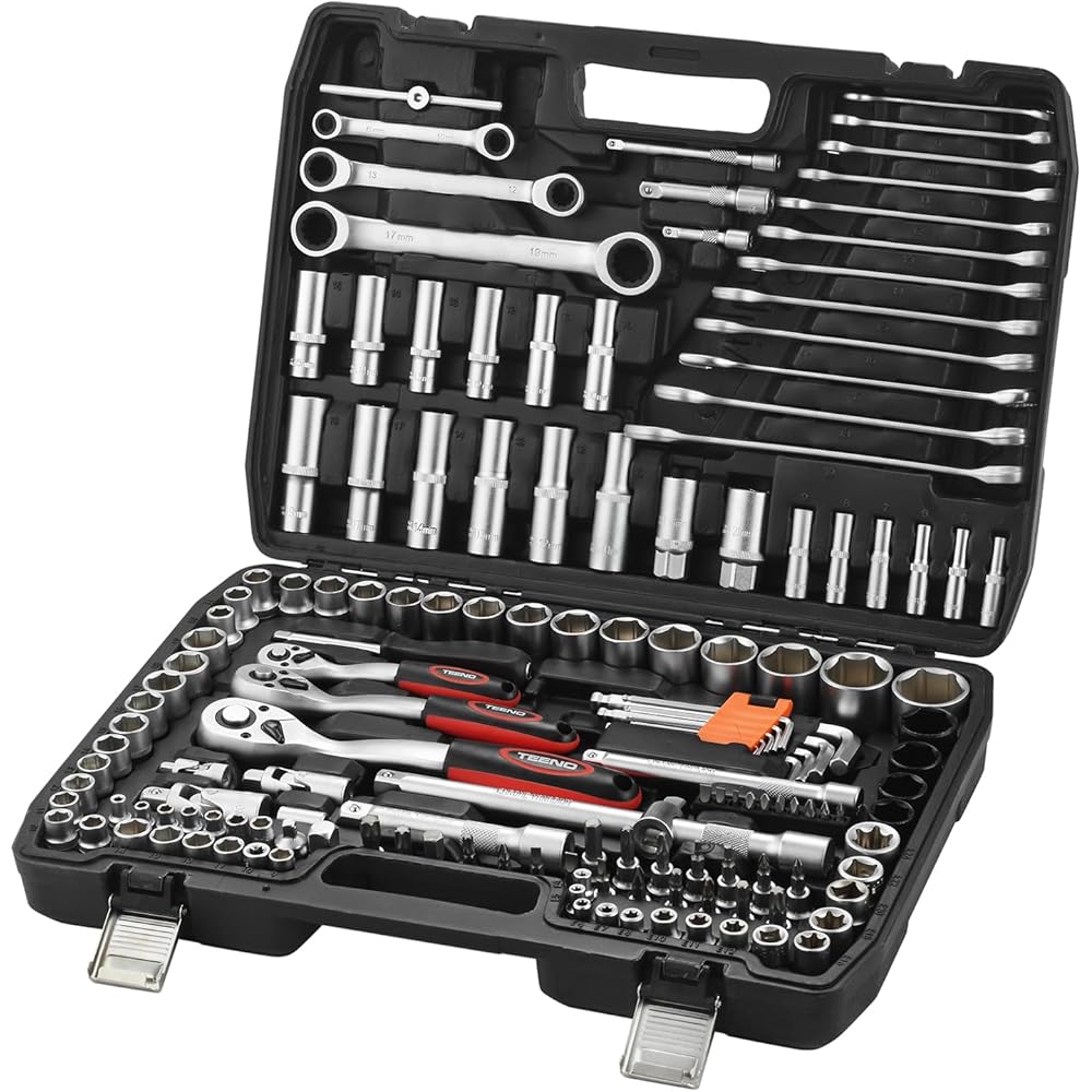 TEENO Caisse à Outils Complète en Coffret Douille de 1/4", 3/8" et 1/2", CR-V 151 Pièces Coffret de Douille et Embouts avec 3 Clé à Cliquet Doubles, Outillage Mécanique pour Réparation Voiture Auto : Bricolage