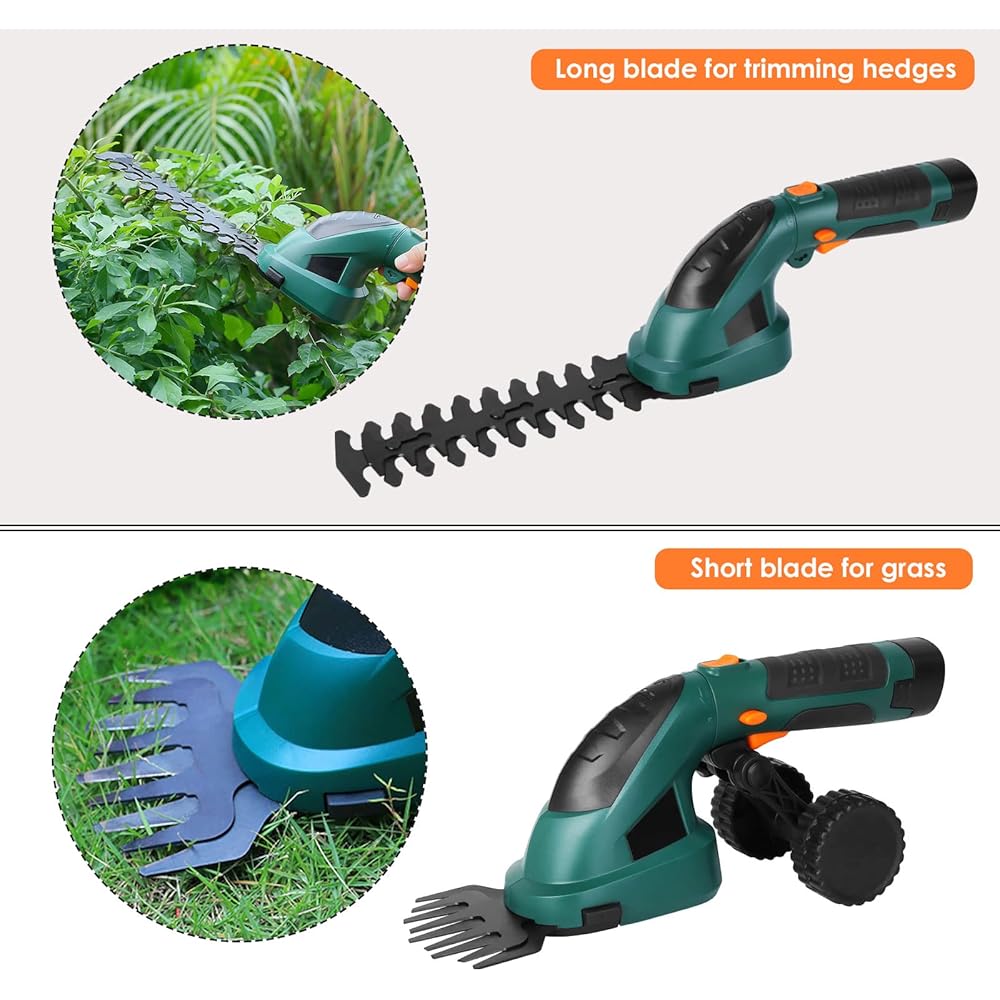 2en1 Cisaille à Gazon 7.2V, Coupe Bordure sans Fil, Tondeuse à Gazon, Taille Haies sans Fil, Manche Long Télescopique Détachable, 2 Types de Lames, Chargeur & Batterie, pour Couper Gazon/Buisson/Haie : Jardin