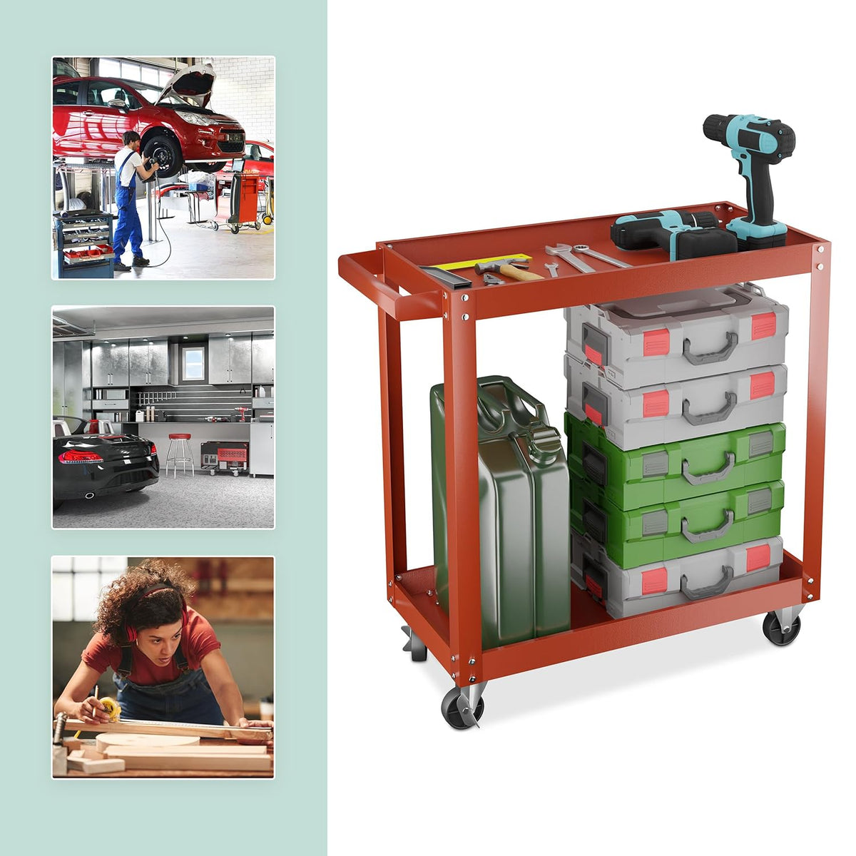 Relaxdays Chariot d'atelier, 2 Niveaux, Charge maximale : env. 100 kg, H x L x P : 76 x 78 x 35 cm, Rouge : Bricolage