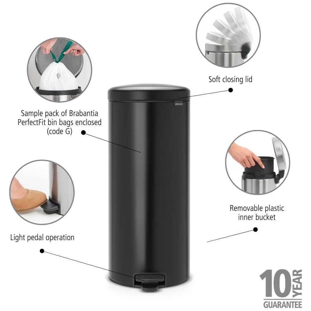 Brabantia - Poubelle 30l Newicon - Poubelle à Pédale avec Seau en Plastique - Grande Poubelle Base Antidérapante - Poubelle de Cuisine Hygiénique et Anti Odeurs - Poubelle Noir Mat : Brabantia: Cuisine et Maison