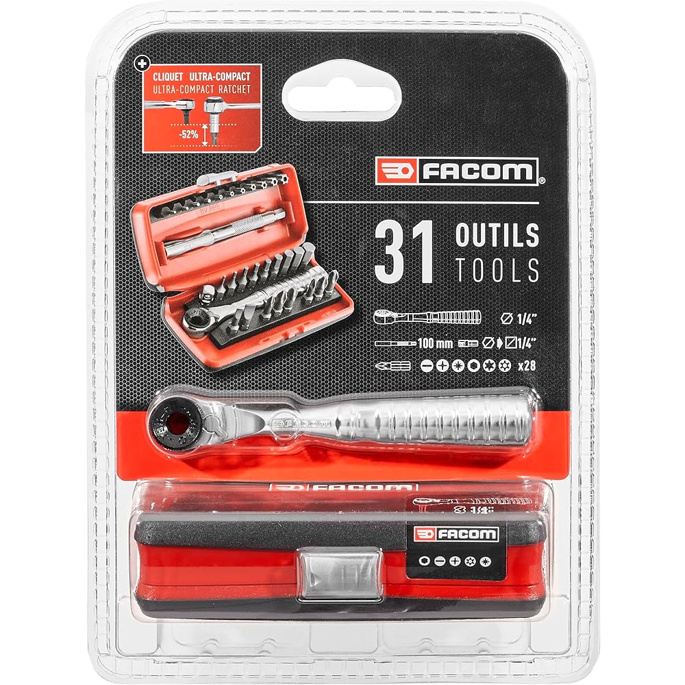 FACOM - Set embouts à cliquet 1/4 31 pièces - Dimension 1/4" - R. PEJ31PB : Bricolage