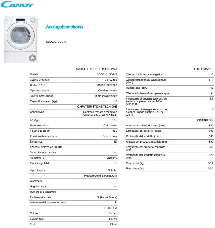 Candy Sèche-linge condensation 10kg, CSOEC10DGS