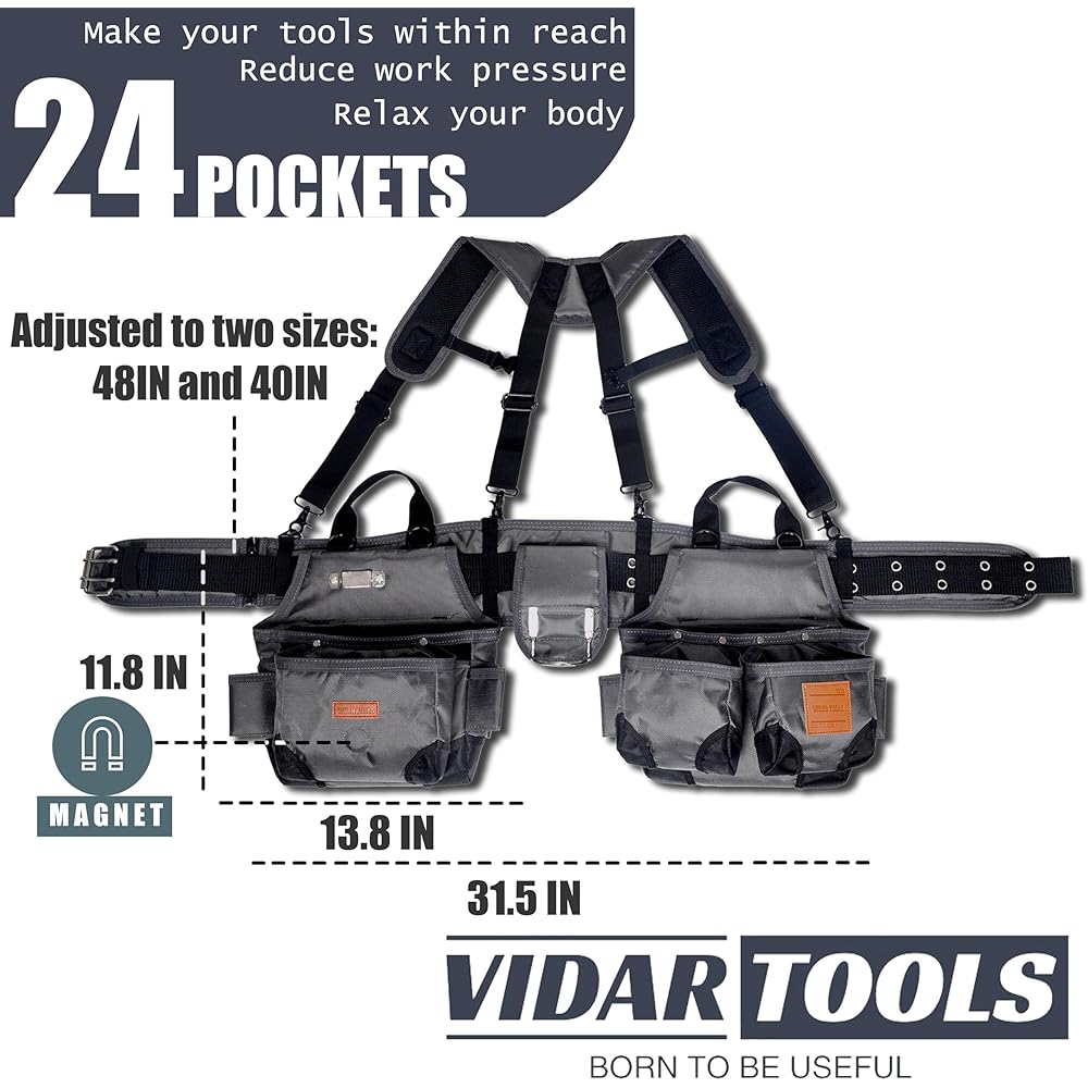 Ceinture à outils, ceintures à outils pour homme avec bretelles et pochette à outils magnétique. Ceinture robuste pour charpentier/outils de construction. : Bricolage