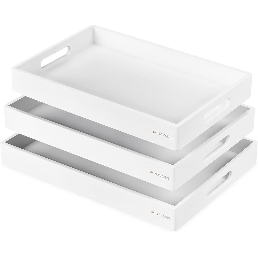 Navaris Plateau de service rectangulaire - Lot de 3x plateau rectangulaire en bambou avec 2 poignées - Plateau repas petit-déjeuner taille S M L : Cuisine et Maison