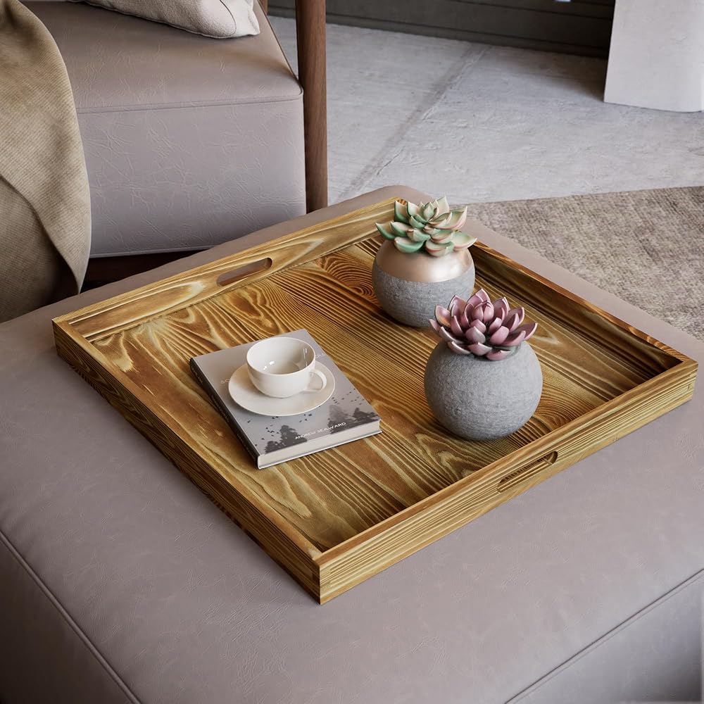 Hanobe Grand Plateau Service XXL: Carre 55 cm Plateau en Bois Table Decoratif Rustique Deco Plateaux pour Salle de Séjour Ottoman Cuisine Bois Brûlé : Cuisine et Maison