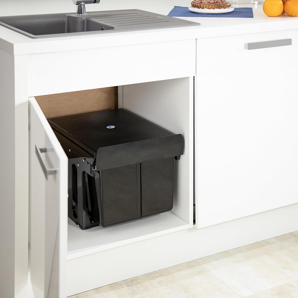 Relaxdays poubelle encastrable coulissante, 2 bacs, système de trie pour le sous-évier, 2x15l, 35,1 x 34,3 x 48 cm, noir : Cuisine et Maison