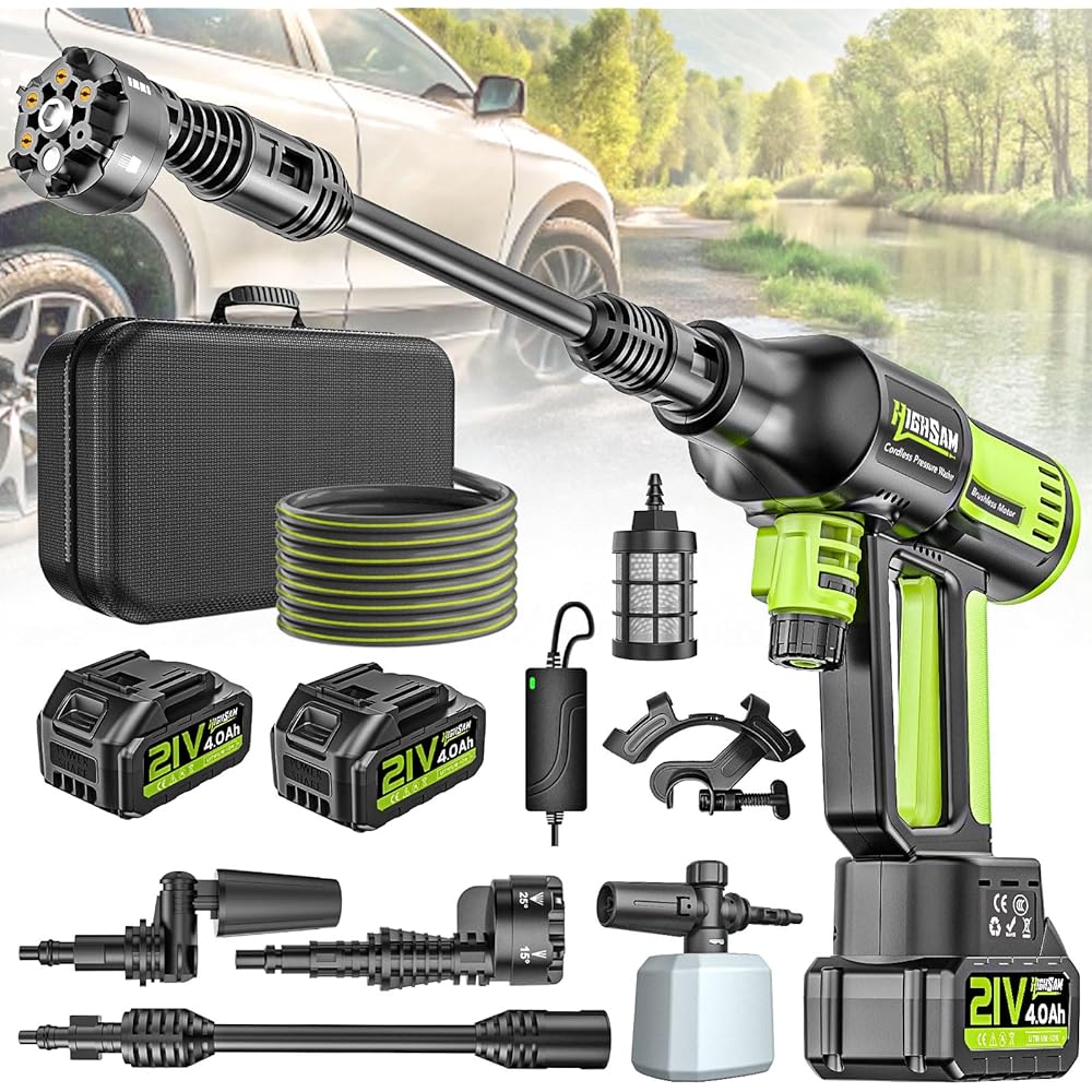 highsam Pressure Washer Nettoyeur haute pression sans fil 4 vitesses max. 120 bar avec 2 batteries 4,0 Ah, buse rotative 6 en 1 et 180 °, tuyau de 5 m : Jardin
