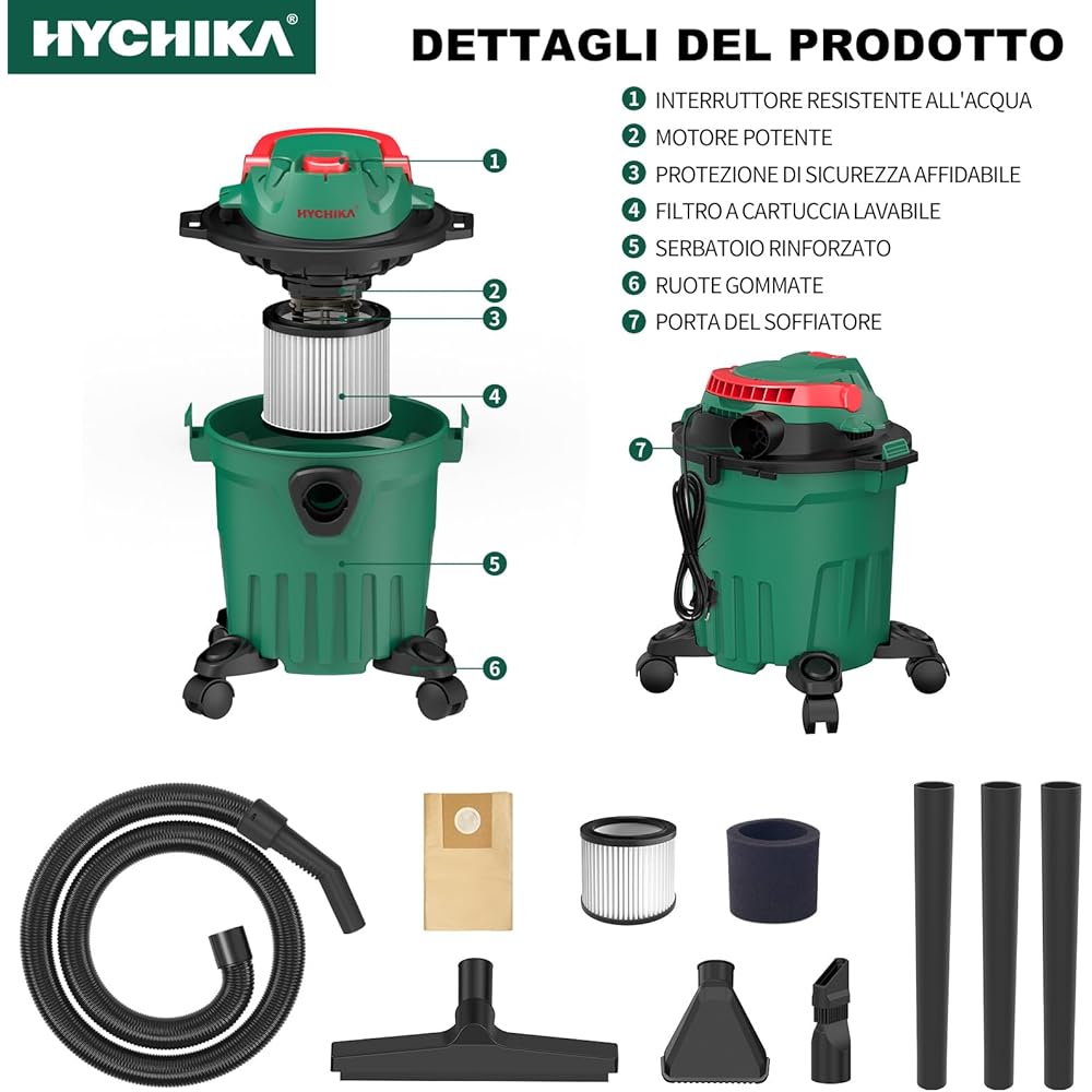 HYCHIKA 1000 W Aspirateur Eau Et Poussières, 3 en 1 Injecteur/Extracteur, Cuve : 12 l, Fonction de Nettoyage du Filtre, Fonction de Soufflage, Convient pour Les Petits nettoyages : Cuisine et Maison