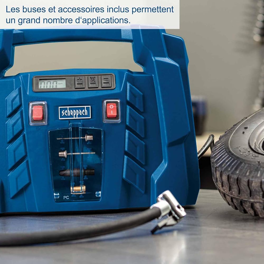 : Scheppach Compresseur Portatif Airforce5 | 150W | Affichage digital | Raccordement 12V-230V pour voiture/voiture | 8bar de pression | Forte admission d'air de 180 L/min | Accessoires inclus