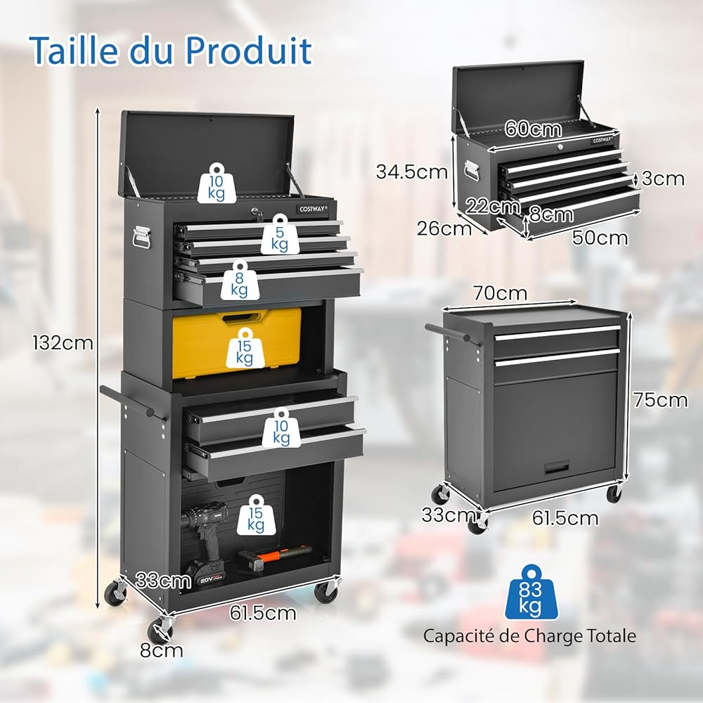 GOPLUS Chariot d’Atelier avec Coffre Amovible, Coffre à Outils Roulant avec 6 Tiroirs & Armoire à Étagère Réglable, pour Garage, Atelier, Charge 90kg(Noir) : Bricolage