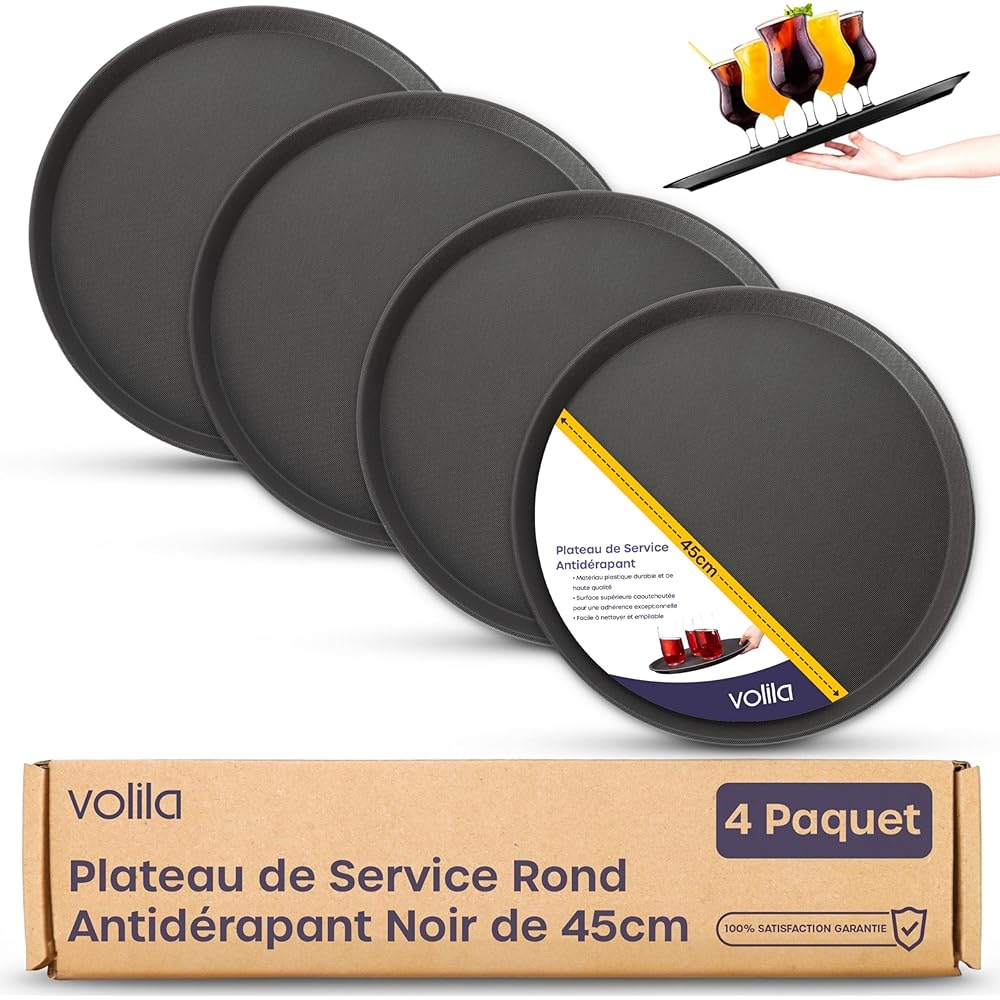 volila Plateau de Service Rond Non Dérapant - Pack de 4 (45 cm) Plateau Repas pour Service A Cafe et Boissons - Plateau Antidérapant pour Fêtes, Évènements, Bars, Restaurants et Maison : Cuisine et Maison