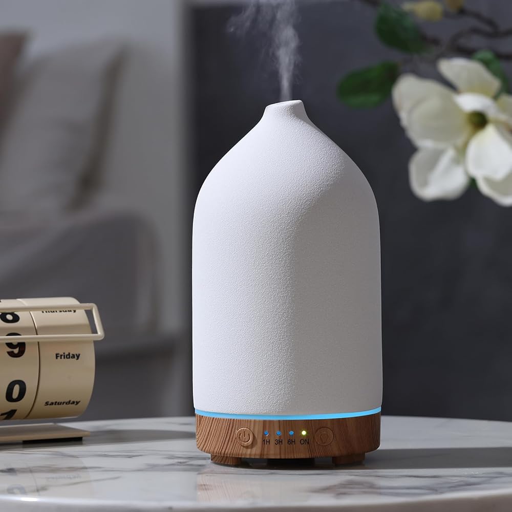 Gooamp Diffuseur en céramique de 200 ml, diffuseur d'aromathérapie, diffuseur d'huiles essentielles avec 7 lumières de couleur, arrêt automatique pour la maison, le bureau, la chambre, base en grain : Hygiène et Santé