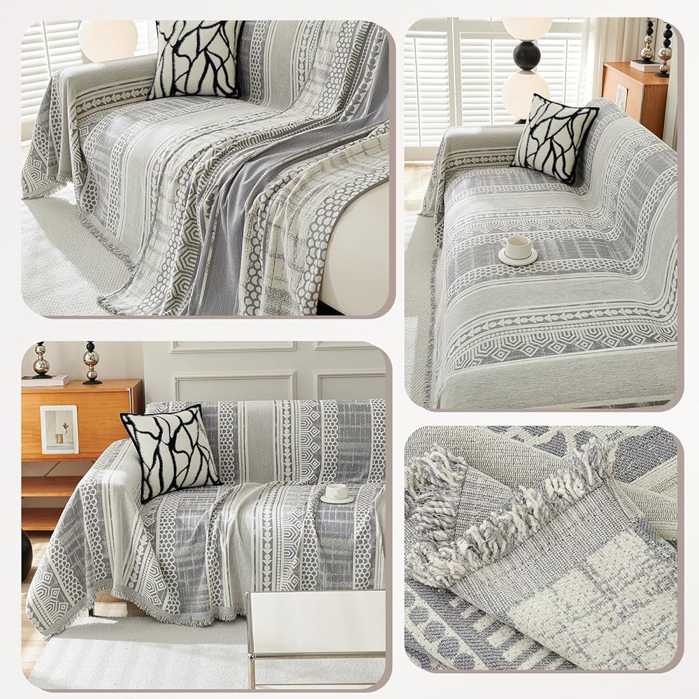 VanderHOME Housse de Canapé De Style Bohème Plaid Canape Grande Taille Chenille Jete de Canape avec Frange, Réversible Jeté de canapé,Couverture Canapé 180 * 300cm-Grau : Cuisine et Maison