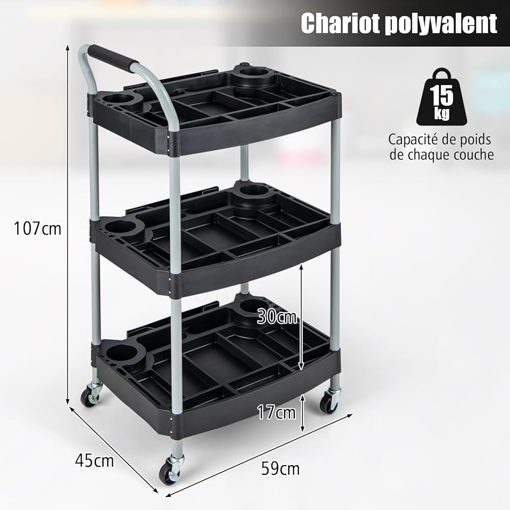GOPLUS Chariot Service d'Atelier, Chariot d'Outils à 3 Niveaux avec Porte-Bouteilles et Porte-Outils Moulés, Poignée Ergonomique & Roues Verrouillables pour Garage, Atelier : Commerce, Industrie et Science