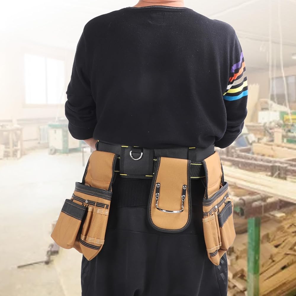 Yomiyuyr Ceinture à outils avec taille réglable, pochette à outils 23 poches pour électriciens, ceinture à outils de charpentier en tissu Oxford 1200D avec sangle amovible : Bricolage