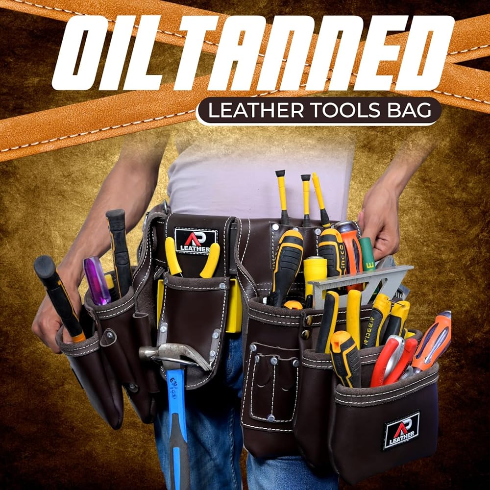 Ap-Leather Pro-302 Ceinture à outils en cuir tanné à l'huile de qualité supérieure, sac à outils de charpentier | Ceinture à outils marron chocolat, 29 poches avec 4 boucles, ceinture à outils de : Bricolage