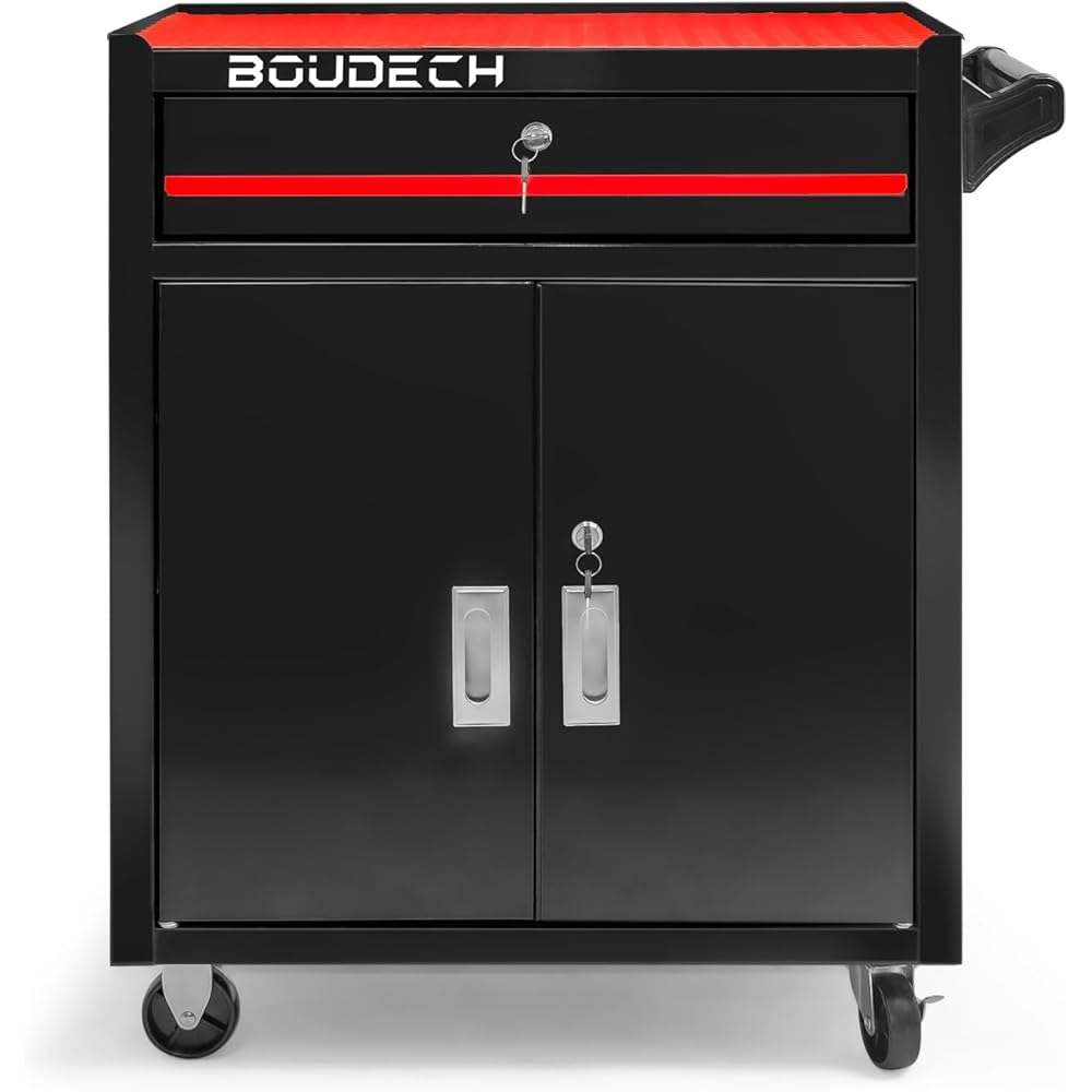 BOUDECH Buddy Chariot d'atelier à deux portes avec tiroir et serrure, armoire de garage avec roues autobloquantes, surface de travail avec tapis antidérapant : Bricolage