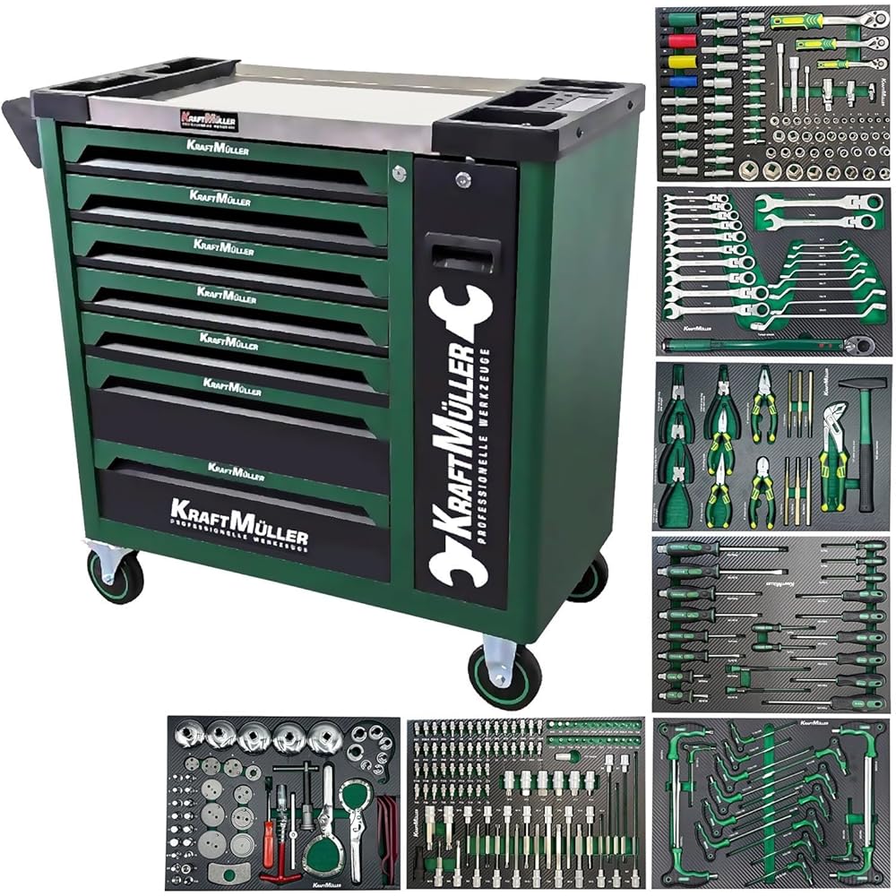 Servante d'atelier Kraft Muller KM-XXL-8/7 TOOL VERT ARMEE, 309 outils avec clé Dynamo, 7 tiroirs/1 porte Façade, roulettes : Bricolage