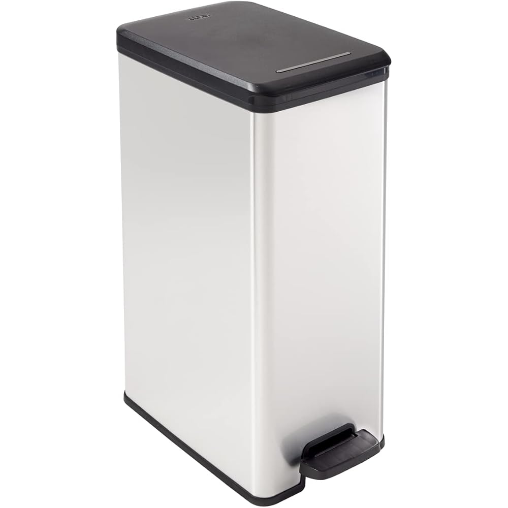 CURVER Poubelle rectangulaire à pédale 40L - Slim Bin - Fermeture Douce - Aspect Métal - Pour Cuisine, Bureau, Salle de Bain - 39,3 x 25 x 60,7 cm - Gris -Recyclé : Cuisine et Maison