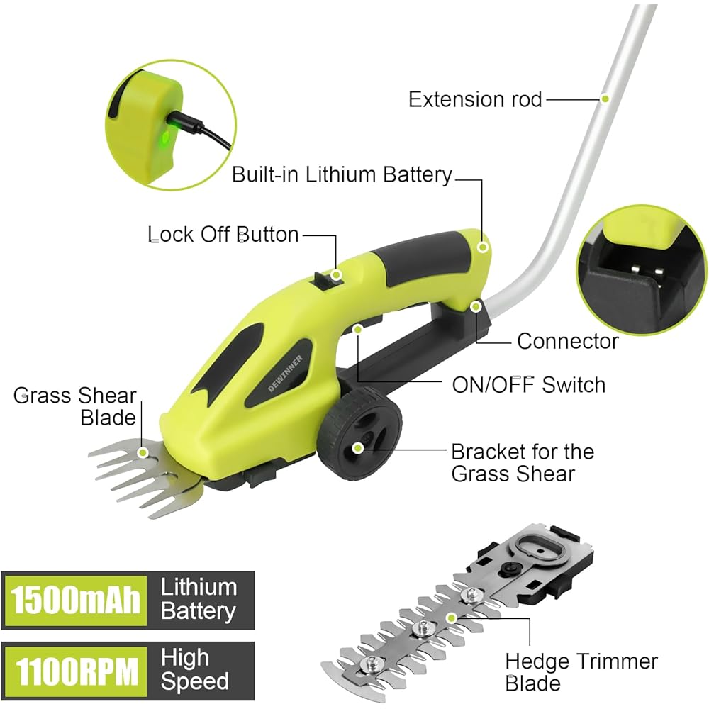 DEWINNER Coupe Bordure sans Fil, 2 en 1 Cisaille à Gazon 7.2V, Taille Haies sans Fil, Manche Long Télescopique Détachable 100cm, pour Couper Gazon/Buisson : Jardin