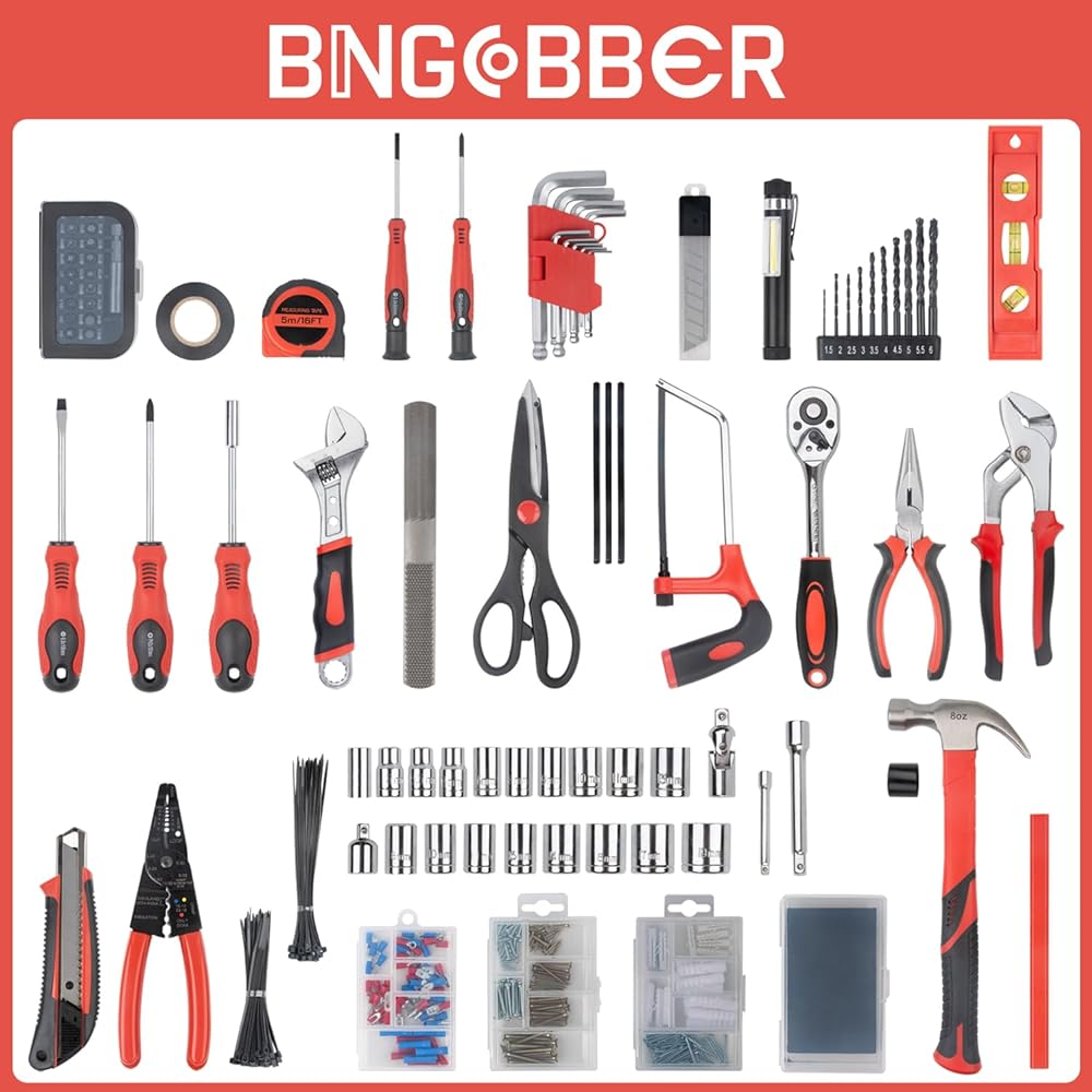 BINGCOBBER 427PCS Kit d'outils de réparation généraux de maison, Ensemble d'outils de réparation la maison/automobile, Boite a Outils Professionnel,Malette outils avec jeu de Tournevis, Marteau, Pince : Bricolage