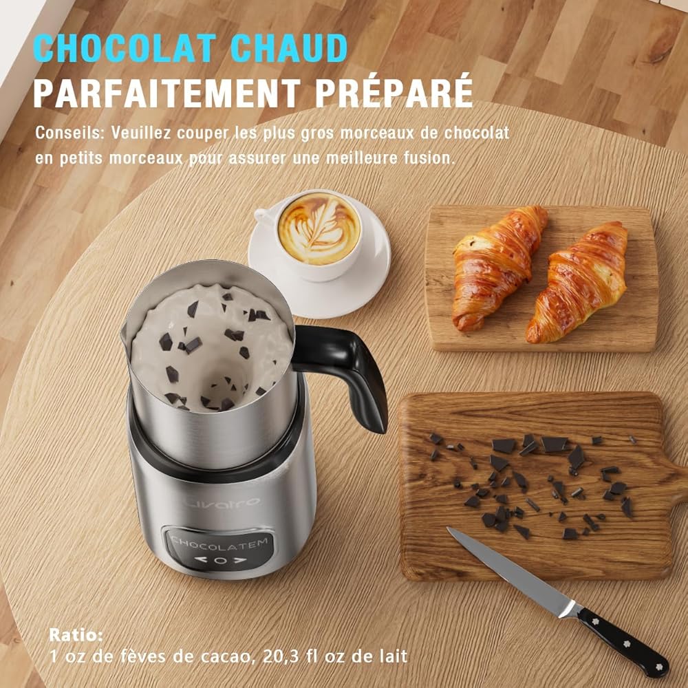 Livatro Mousseur à lait électrique avec double gobelets, 600 ml et 400 ml, passe au lave-vaisselle, avec fonction mémoire, mousse de lait chaude et froide, pour latte, cappuccino, lait au chocolat : Cuisine et Maison