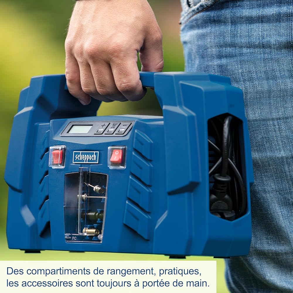 : Scheppach Compresseur Portatif Airforce5 | 150W | Affichage digital | Raccordement 12V-230V pour voiture/voiture | 8bar de pression | Forte admission d'air de 180 L/min | Accessoires inclus