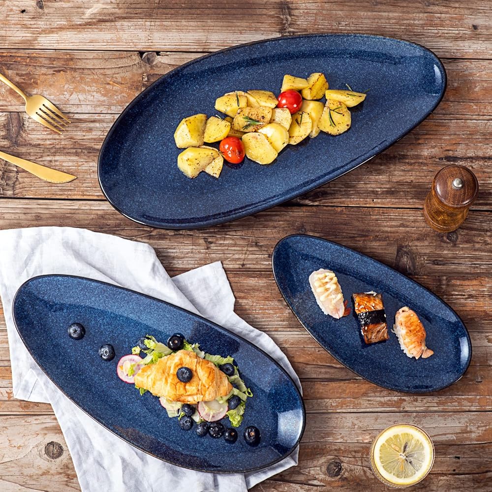 VICRAYS Lot de 3 grands plateaux de service ovales, 40.6 cm/35.6 cm/25.4 cm, en porcelaine pour fête, barbecue, plateaux de service empilables pour apéritifs, sushis, magasin de dessert, bleu : Cuisine et Maison