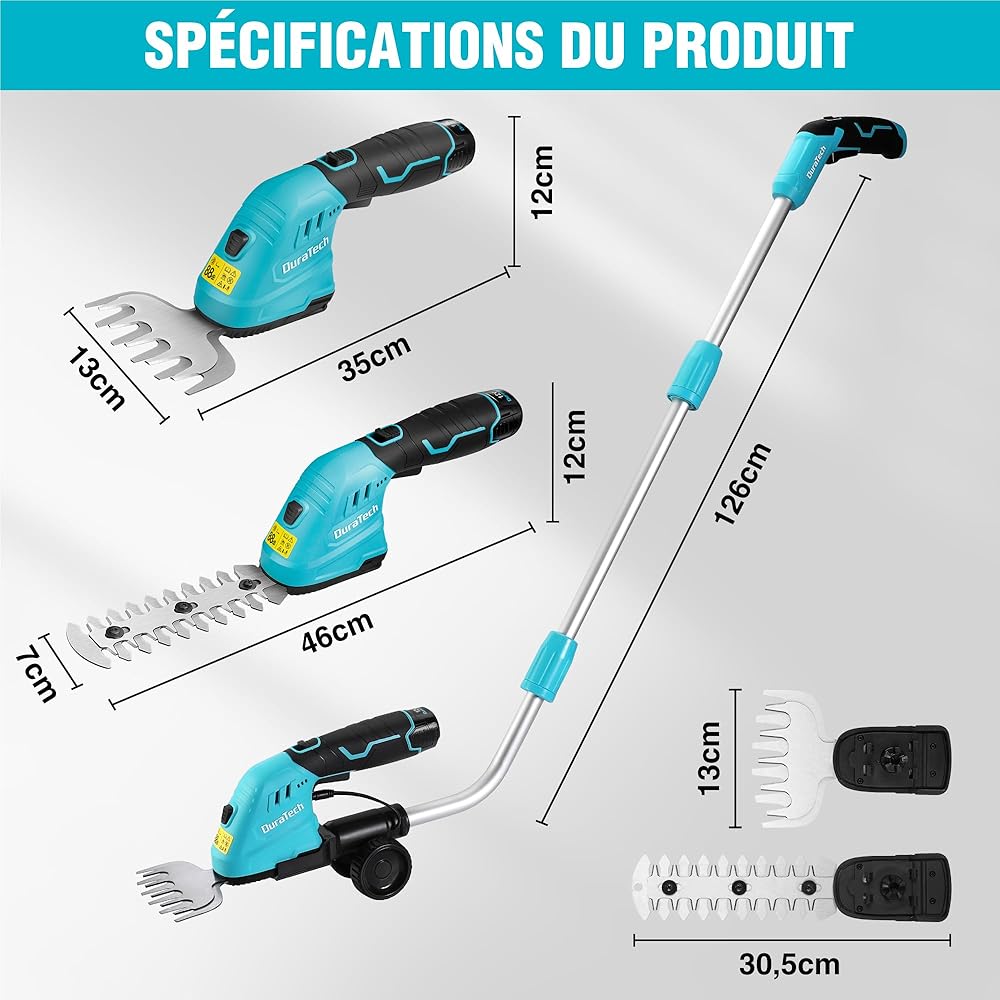 DURATECH Cisaille Sculpte-Haie Électrique et Taille-Herbes Téléscopique sans Fil 12V, Cisaille à Gazon 2 en 1, Largeur/Longueur de Coupe 12/16 cm, Batterie 2000mAh, pour Coupe, Élagage, Bleu & Noir : Jardin