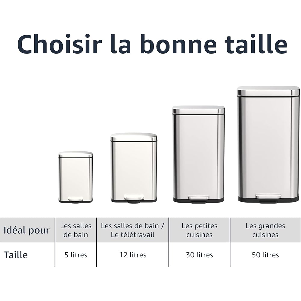 Amazon Basics Poubelle rectangulaire à fermeture douce, 50 l (13.2 Gallons), nickel satiné : Cuisine et Maison