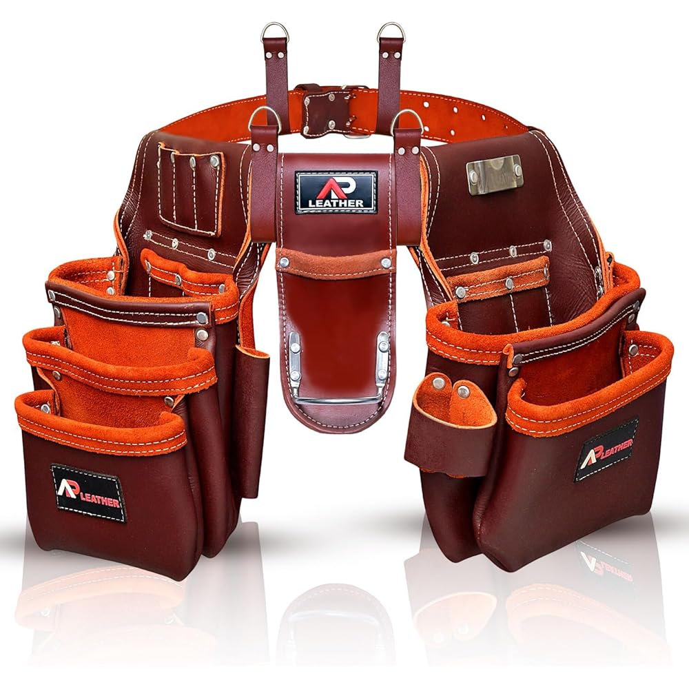 Ap-Leather Pro-302 Ceinture à outils en cuir tanné à l'huile de qualité supérieure, sac à outils de charpentier | Ceinture à outils marron, 29 poches avec 4 boucles, ceinture à outils de charpentier, : Bricolage